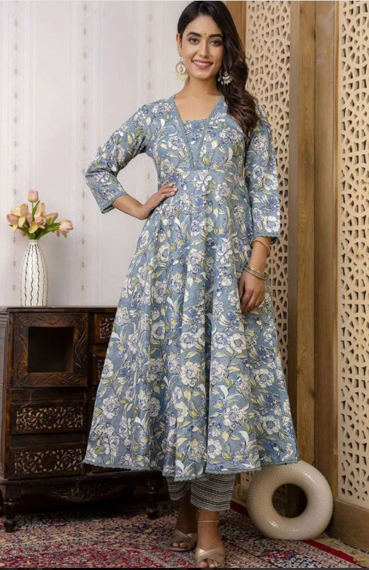Blue Floral Cotton Anarkali Suit Set with Silk Chiffon Dupatta
