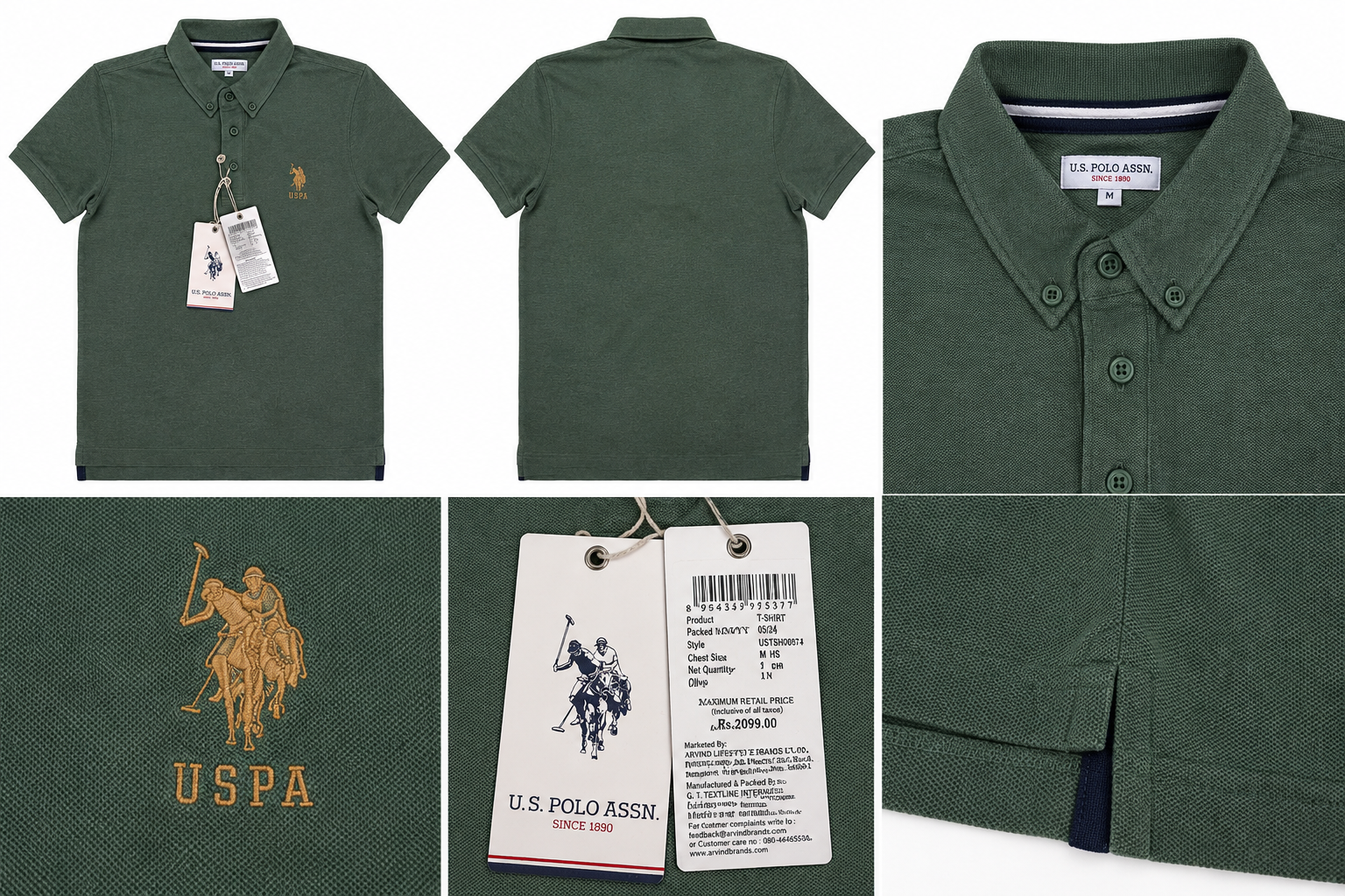 Men’s Olive Green Cotton Polo T-Shirt with Button-Down Collar