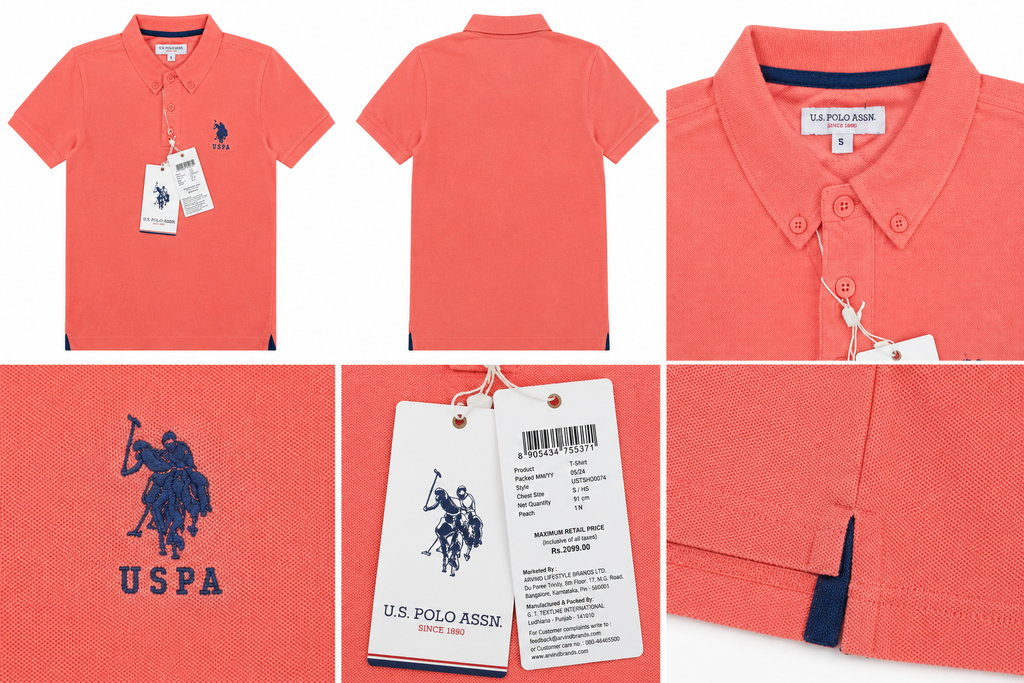 Men’s Peach Cotton Polo T-Shirt with Button-Down Collar