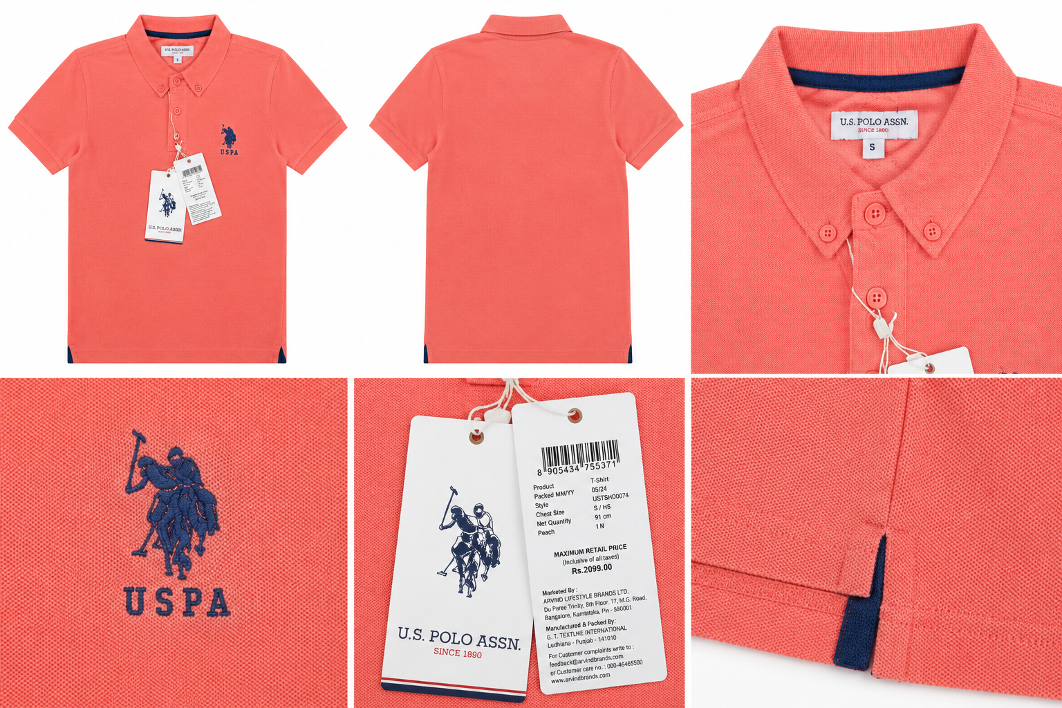 Men’s Peach Cotton Polo T-Shirt with Button-Down Collar