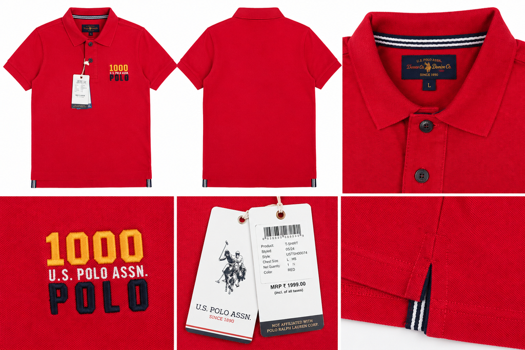 Men’s Red Cotton Polo T-Shirt with Embroidered Graphic Detail