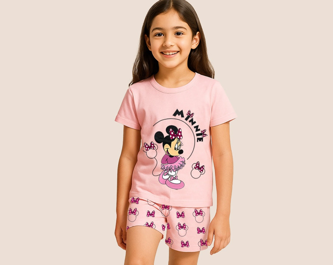 Disney Girls Minnie Mouse Cotton Blend – Pack of 2 T-Shirt & Shorts Dailywear Combo