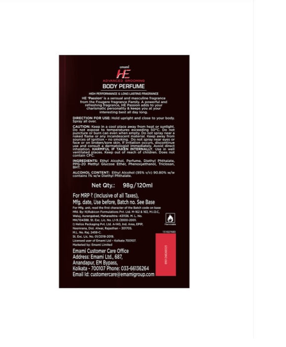"HE Men Advanced Grooming Passion No Gas Long Lasting Deodorant Body Perfume - 120ml"