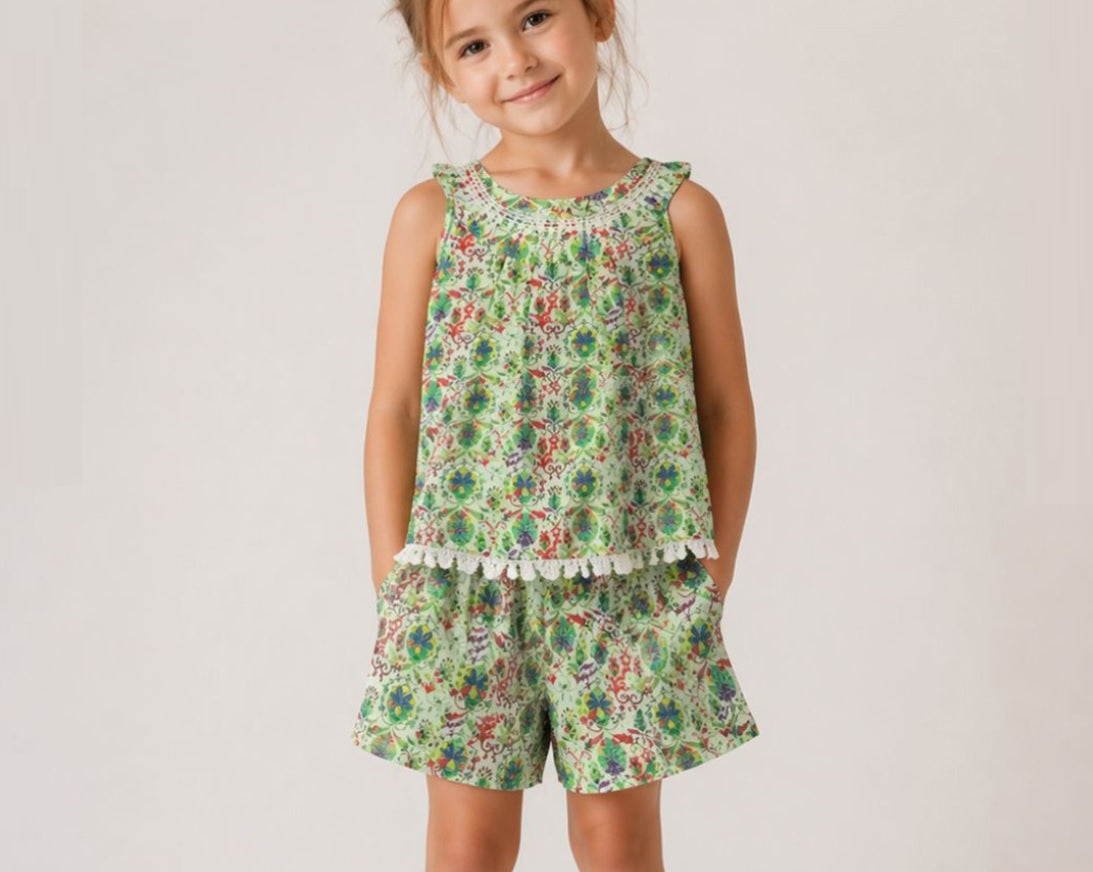 Gini and Jony Girls' Lime Green Boho Floral Top & Shorts Set – 100% Cotton Tassel Trim Summer Co-ord