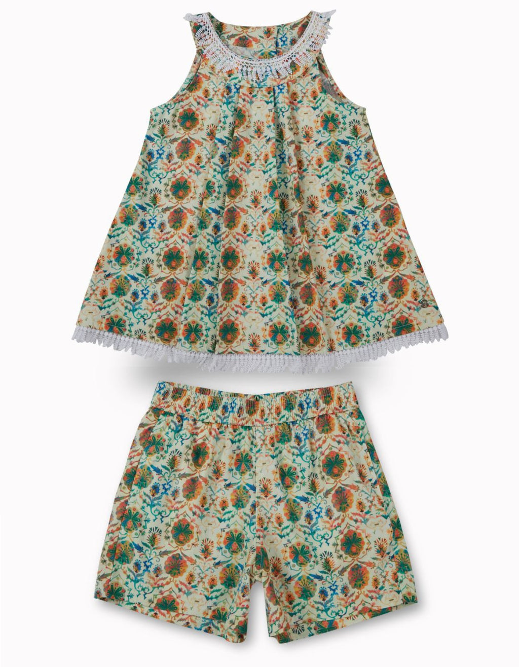 Gini and Jony Girls' Lime Green Boho Floral Top & Shorts Set – 100% Cotton Tassel Trim Summer Co-ord
