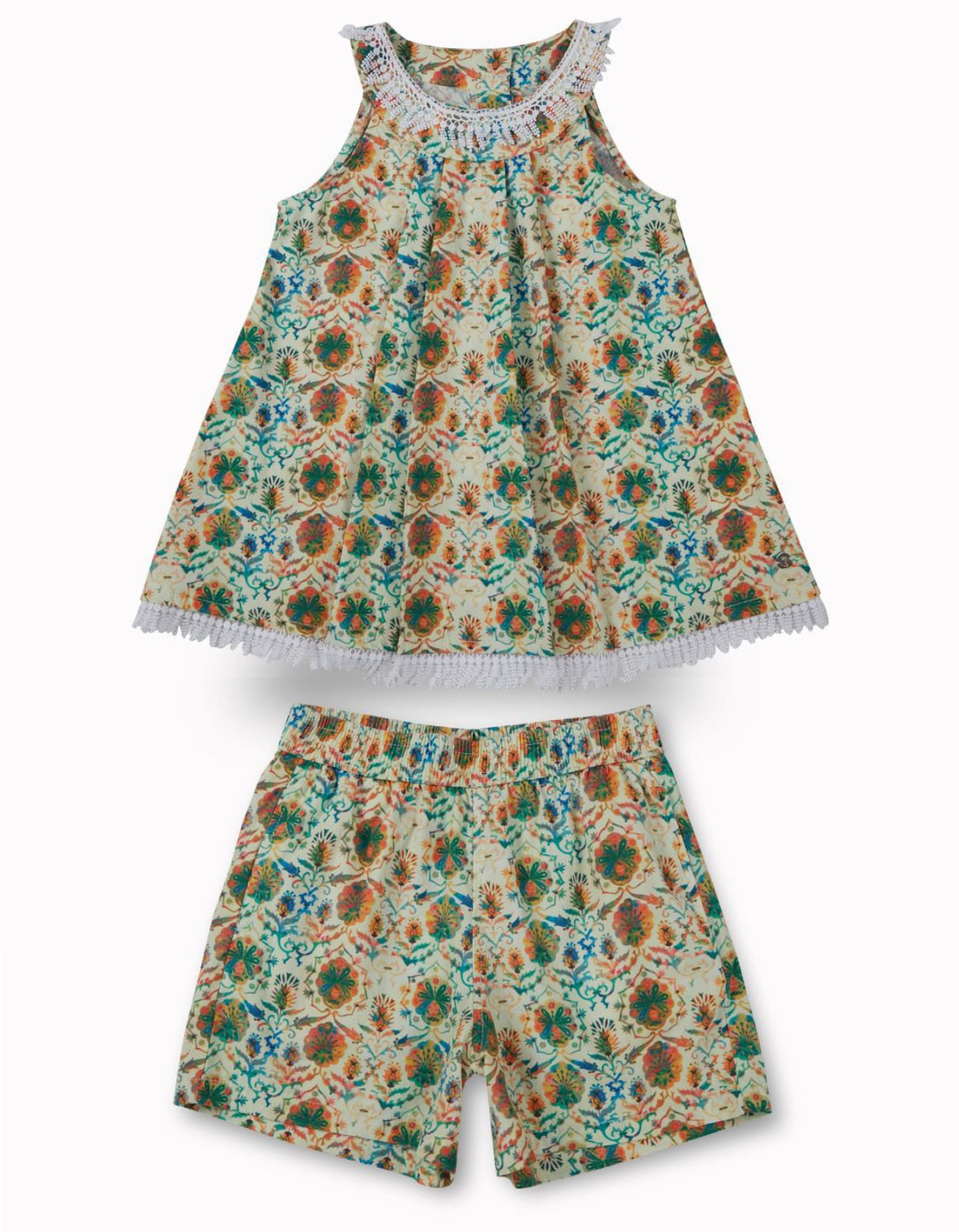 Gini and Jony Girls' Lime Green Boho Floral Top & Shorts Set – 100% Cotton Tassel Trim Summer Co-ord