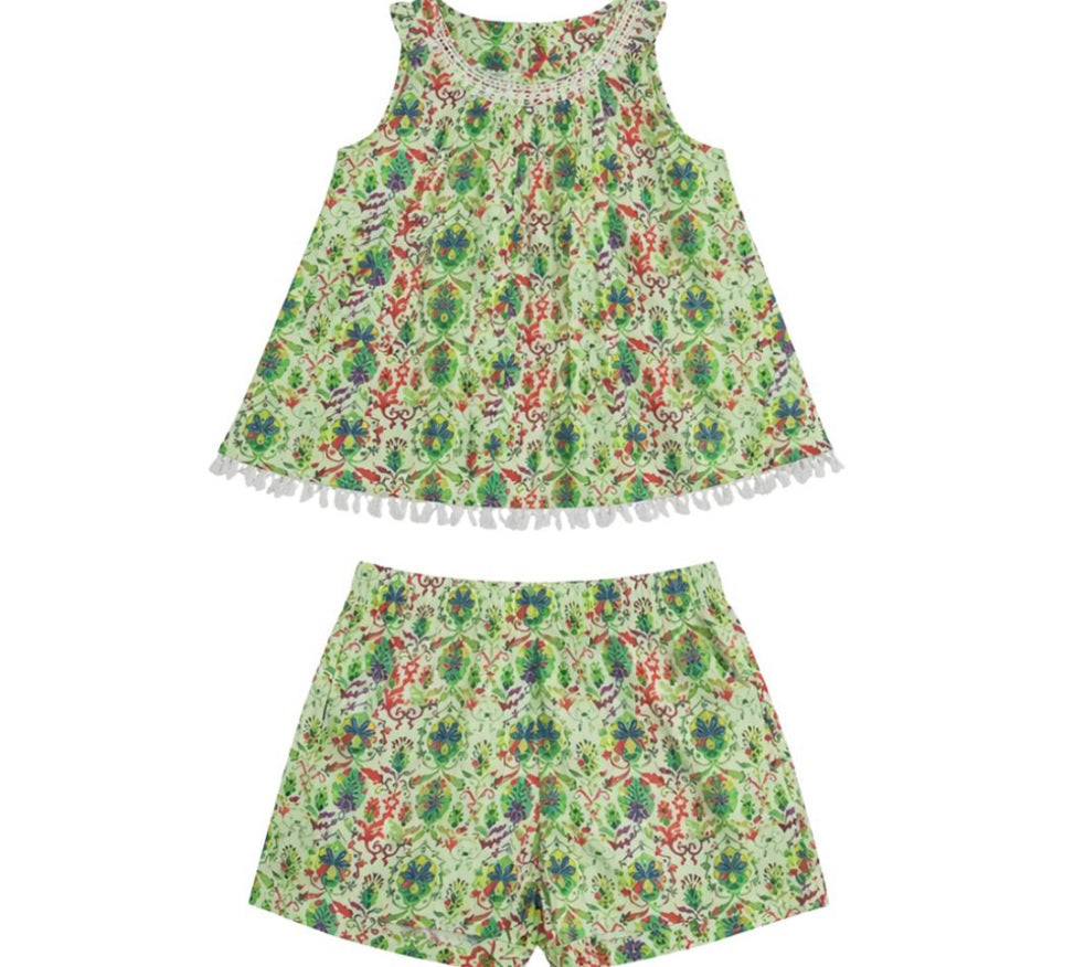 Gini and Jony Girls' Lime Green Boho Floral Top & Shorts Set – 100% Cotton Tassel Trim Summer Co-ord