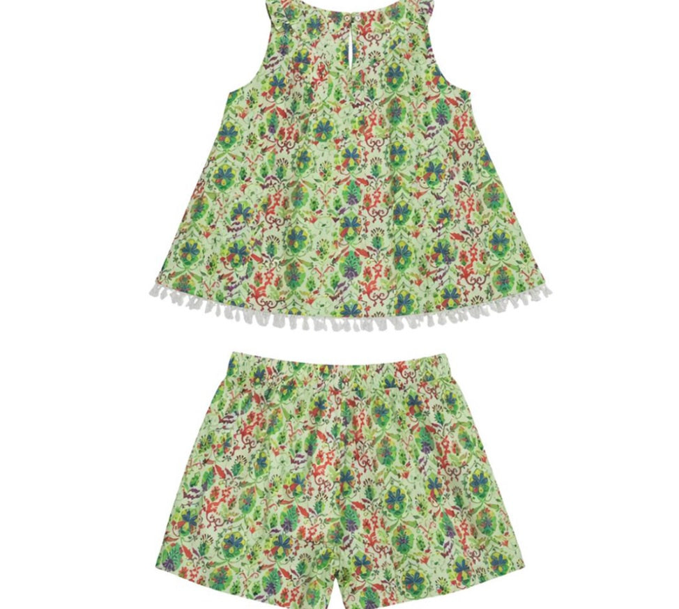Gini and Jony Girls' Lime Green Boho Floral Top & Shorts Set – 100% Cotton Tassel Trim Summer Co-ord