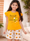 Girls Cotton Blend Nightwear Set – Yellow Ruffle Sleeve T-Shirt & Printed Shorts
