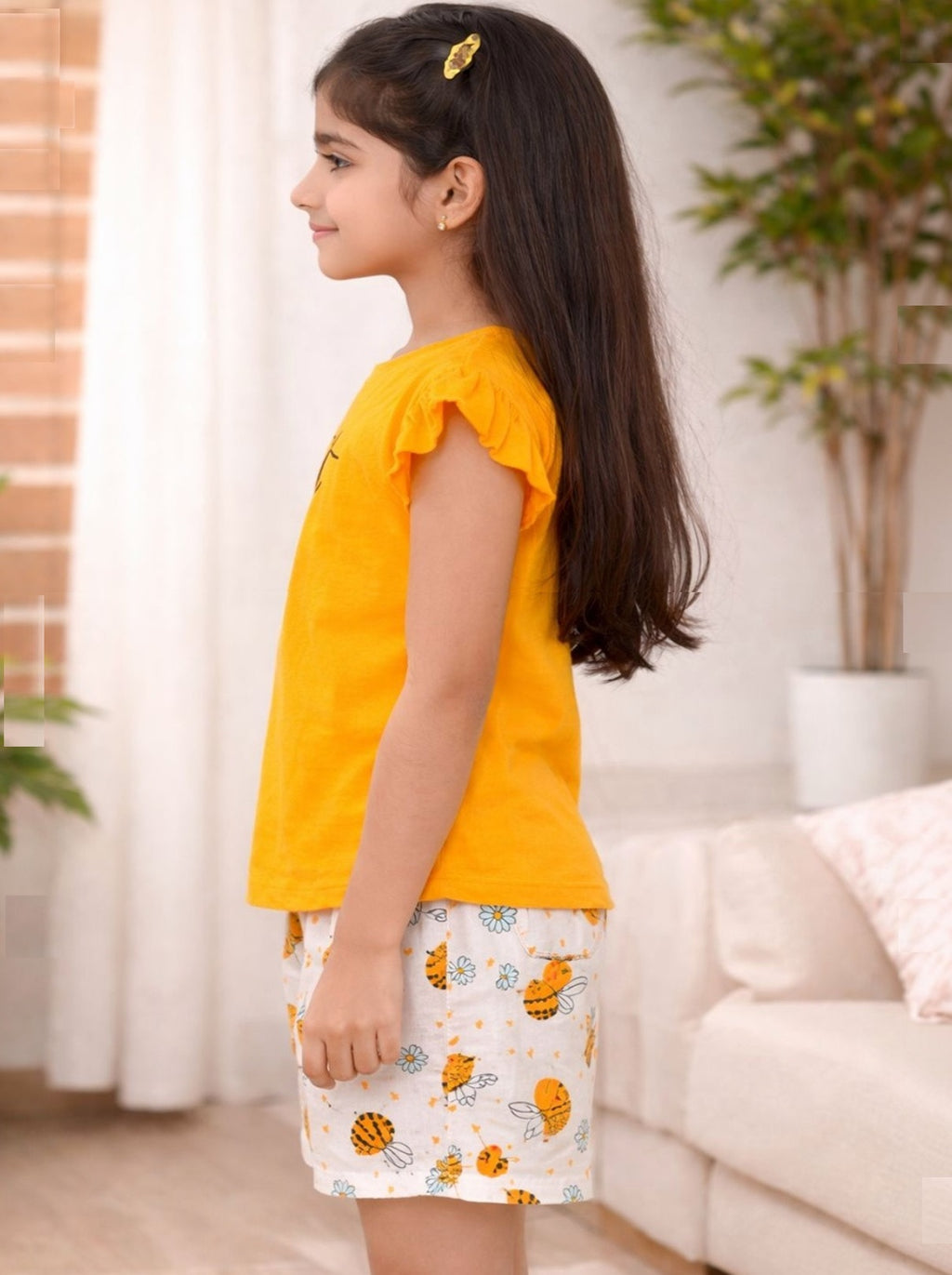 Girls Cotton Blend Nightwear Set – Yellow Ruffle Sleeve T-Shirt & Printed Shorts