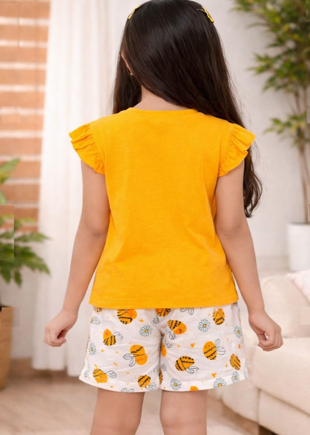 Girls Cotton Blend Nightwear Set – Yellow Ruffle Sleeve T-Shirt & Printed Shorts