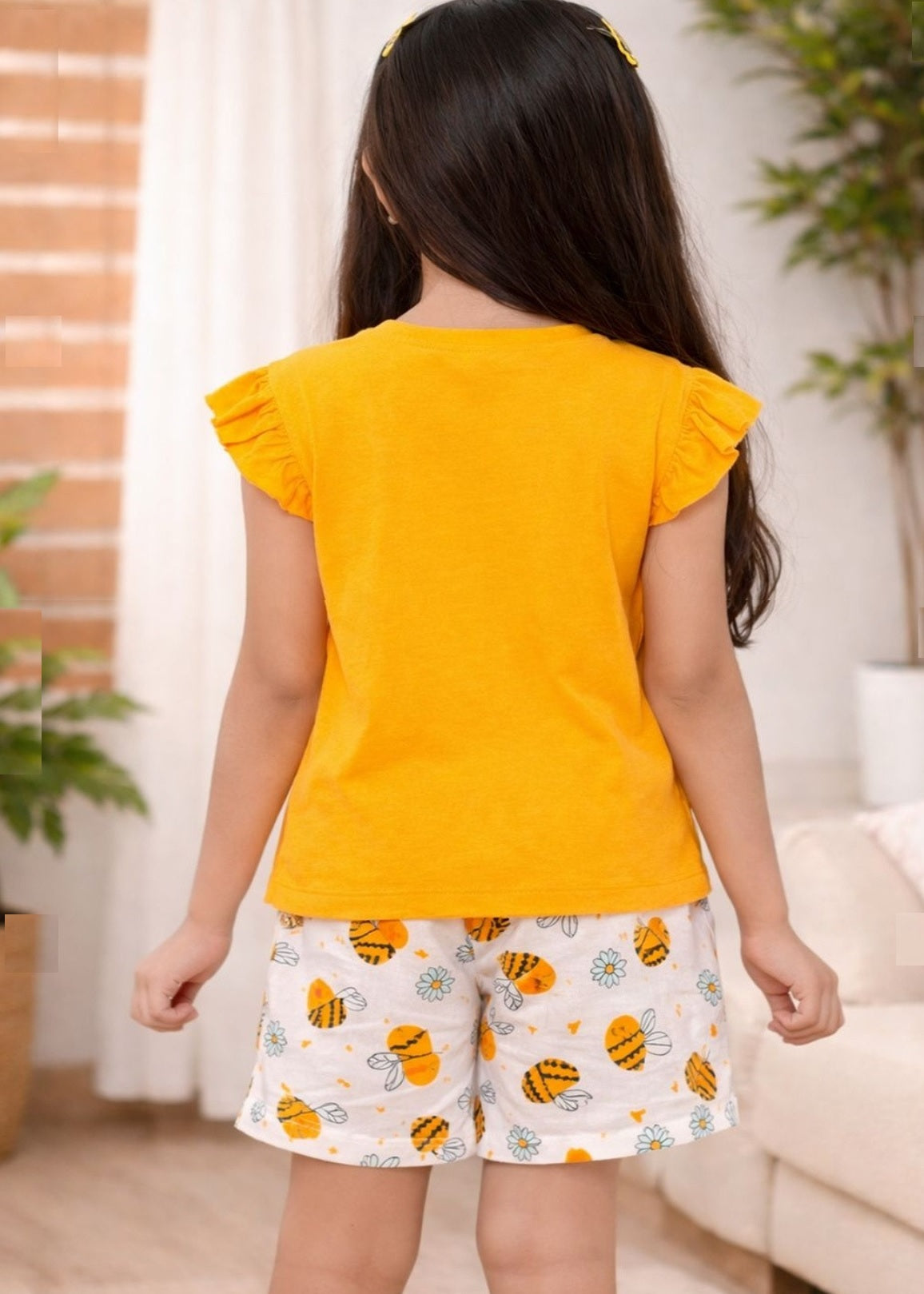 Girls Cotton Blend Nightwear Set – Yellow Ruffle Sleeve T-Shirt & Printed Shorts