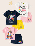 Girls Premium Whimsical Cartoon Cotton Blend Dailyewear Set – Pack of 3 Graphic T-Shirt & Shorts Combo