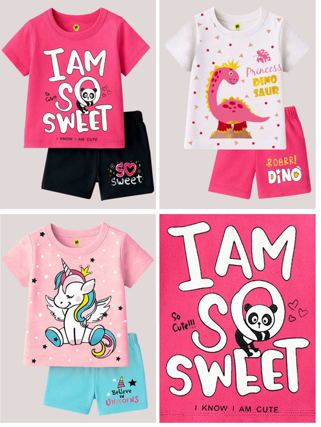 Girls Premium Whimsical Cartoon Cotton Blend Dailyewear Set – Pack of 3 Graphic T-Shirt & Shorts Combo