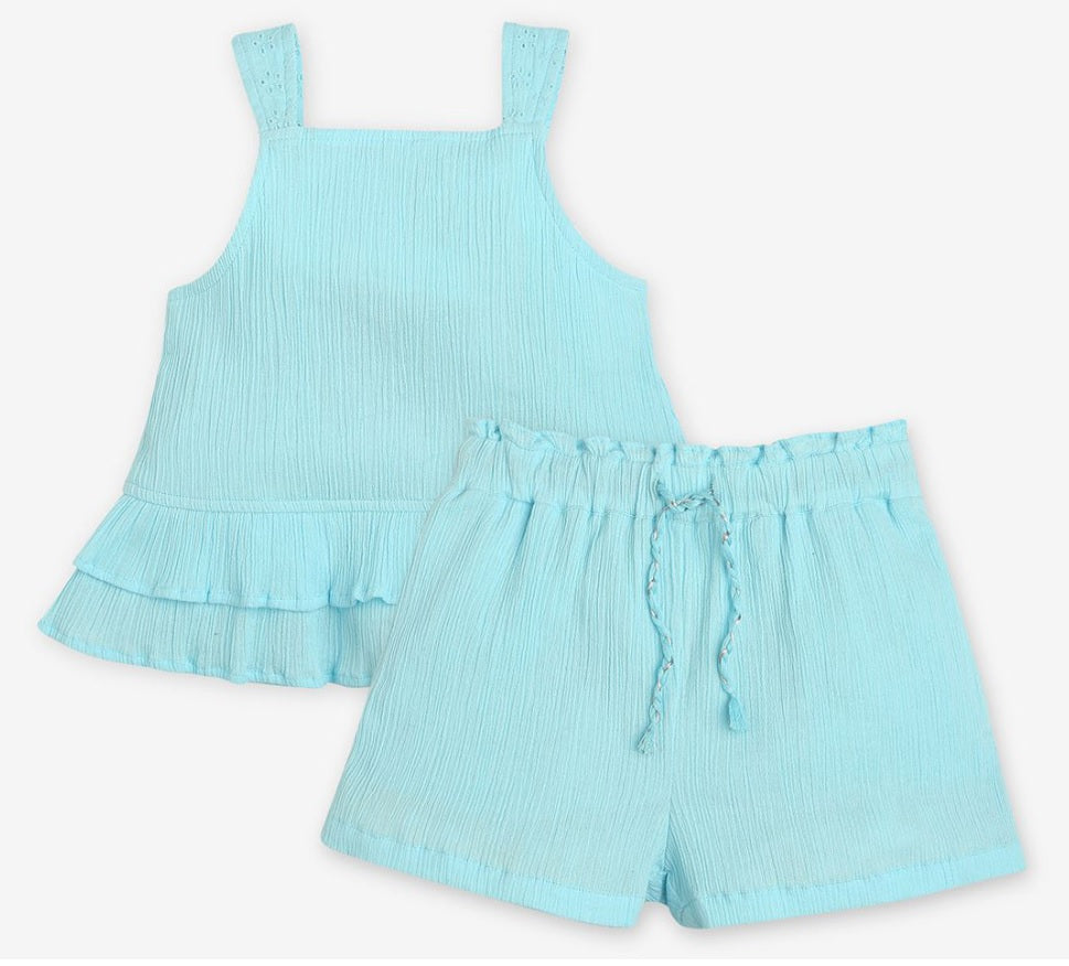 Girls' Aqua Blue Pure Cotton Top & Shorts Set – Breathable Tiered Summer Coord Set