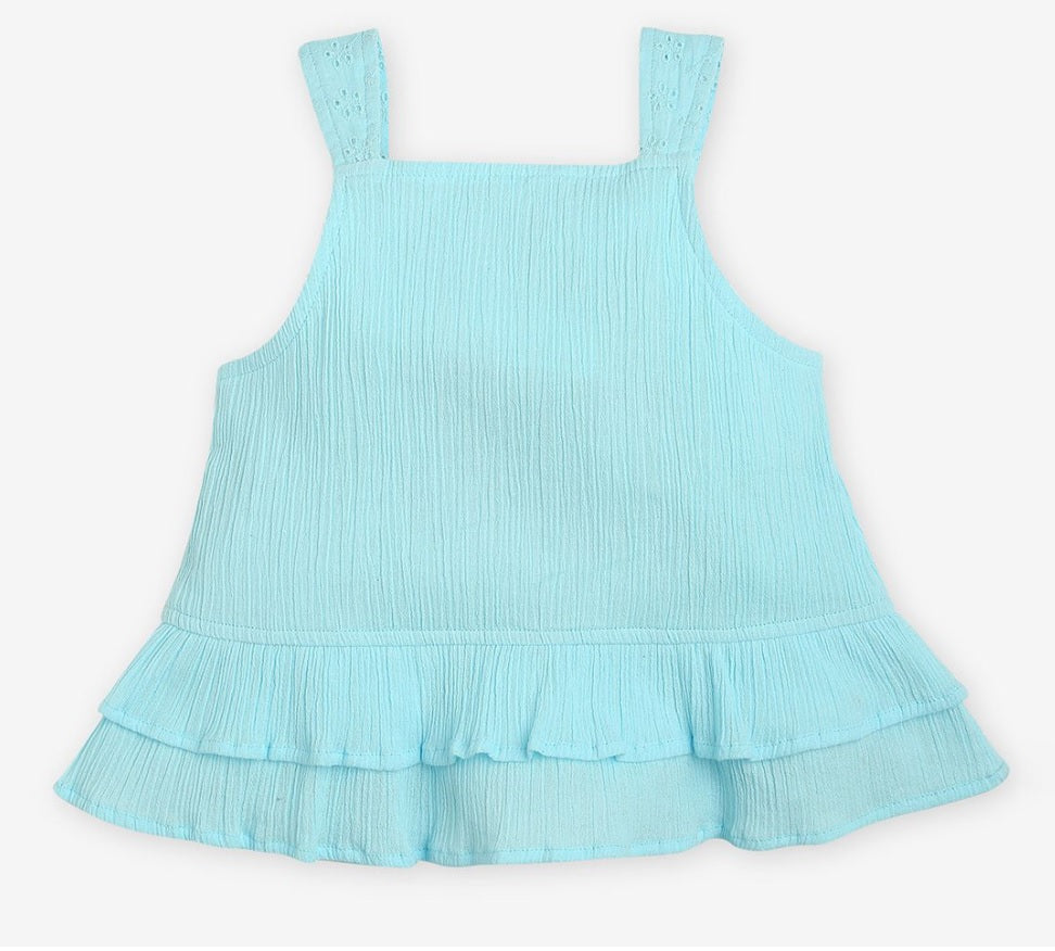 Girls' Aqua Blue Pure Cotton Top & Shorts Set – Breathable Tiered Summer Coord Set