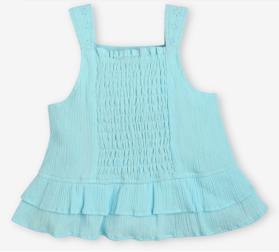Girls' Aqua Blue Pure Cotton Top & Shorts Set – Breathable Tiered Summer Coord Set