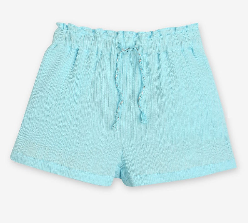 Girls' Aqua Blue Pure Cotton Top & Shorts Set – Breathable Tiered Summer Coord Set