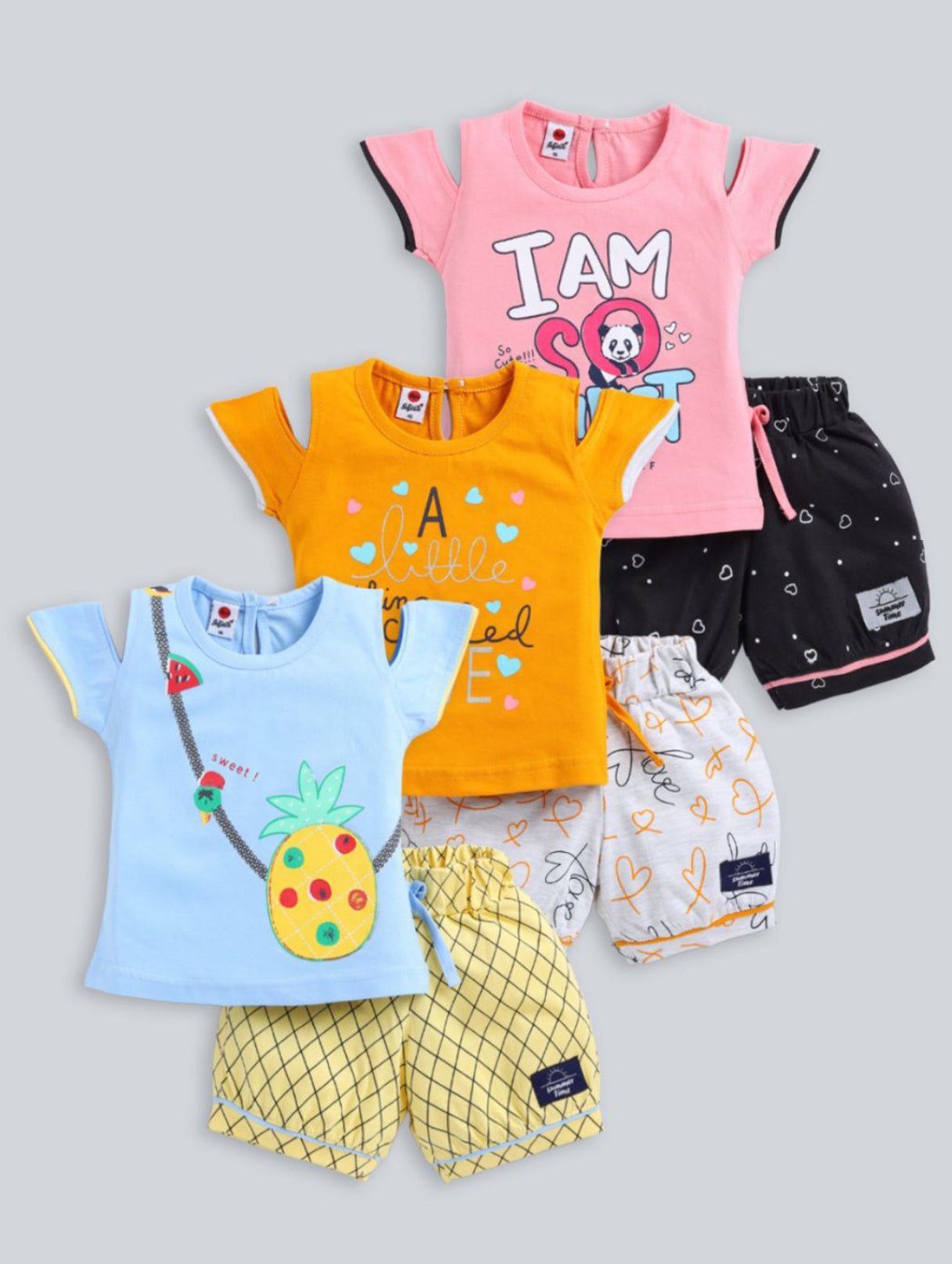 Girls' Cold-Shoulder Pure Cotton Loungewear Set – Pack of 3 Fruit & Cartoon Printed T-Shirt & Shorts Combo