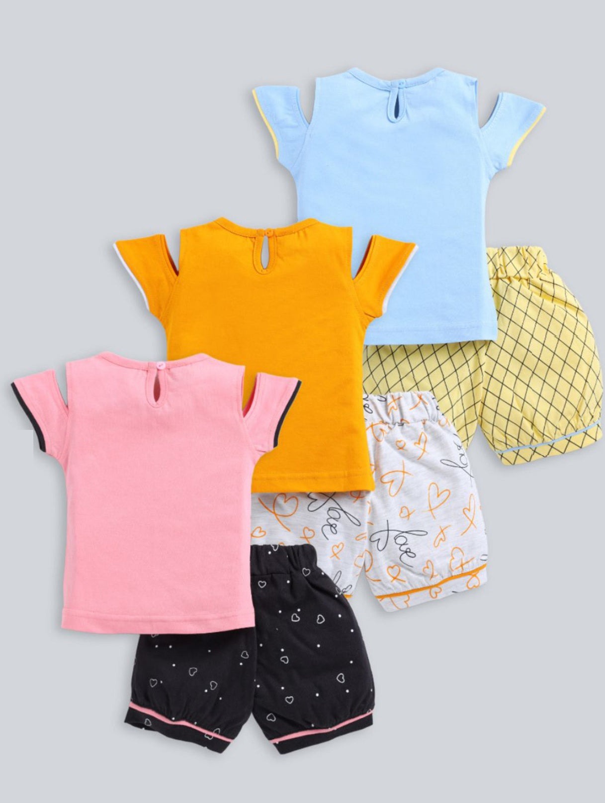 Girls' Cold-Shoulder Pure Cotton Loungewear Set – Pack of 3 Fruit & Cartoon Printed T-Shirt & Shorts Combo