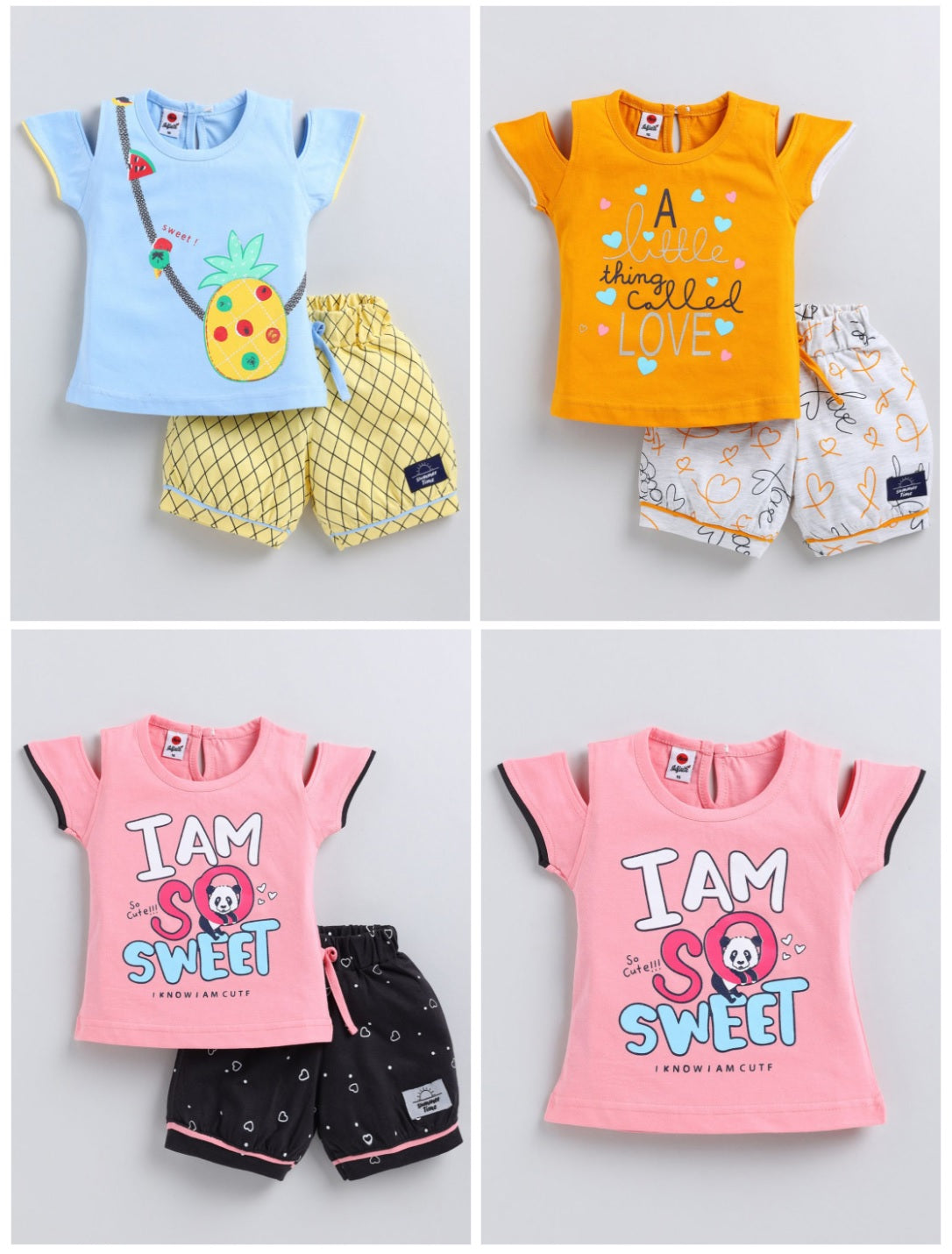 Girls' Cold-Shoulder Pure Cotton Loungewear Set – Pack of 3 Fruit & Cartoon Printed T-Shirt & Shorts Combo
