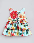 Hopscotch Girls' Premium Floral Tiered Ruffle Dress – Elegant Sleeveless Party Frock with Bow Applique