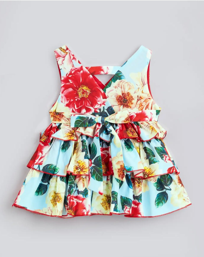 Hopscotch Girls' Premium Floral Tiered Ruffle Dress – Elegant Sleeveless Party Frock with Bow Applique