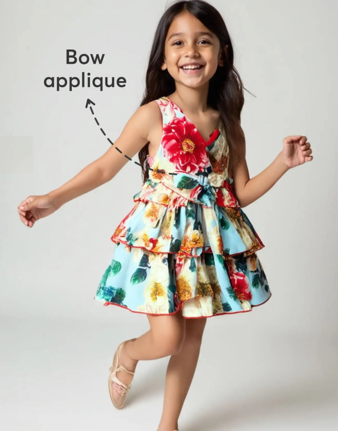 Hopscotch Girls' Premium Floral Tiered Ruffle Dress – Elegant Sleeveless Party Frock with Bow Applique