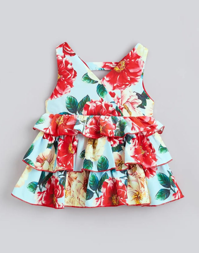 Hopscotch Girls' Premium Floral Tiered Ruffle Dress – Elegant Sleeveless Party Frock with Bow Applique