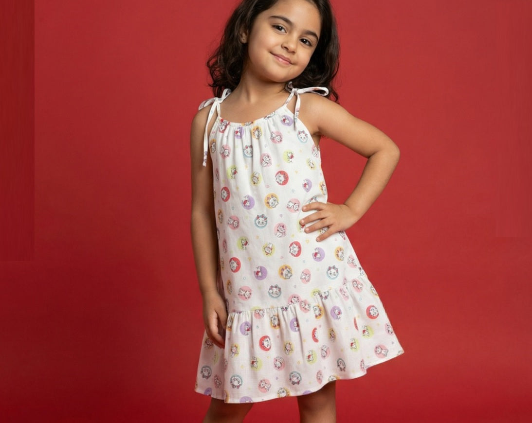 Girls' Premium Graphic Print A-Line Dress – Comfortable Cotton Sleeveless Summer Frock
