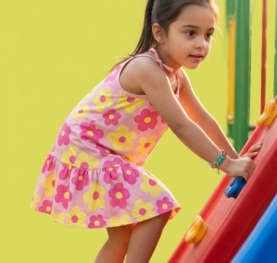 Girls' Premium Graphic Print A-Line Dress – Comfortable Cotton Sleeveless Summer Frock