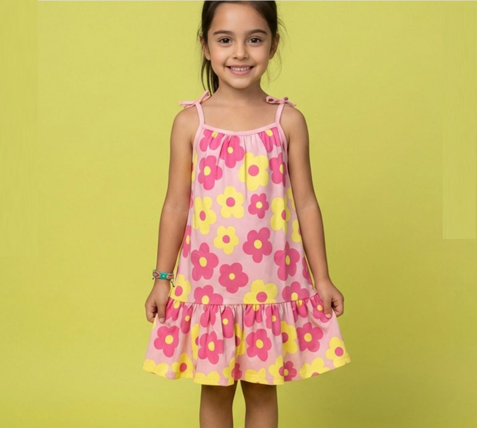 Girls' Premium Graphic Print A-Line Dress – Comfortable Cotton Sleeveless Summer Frock