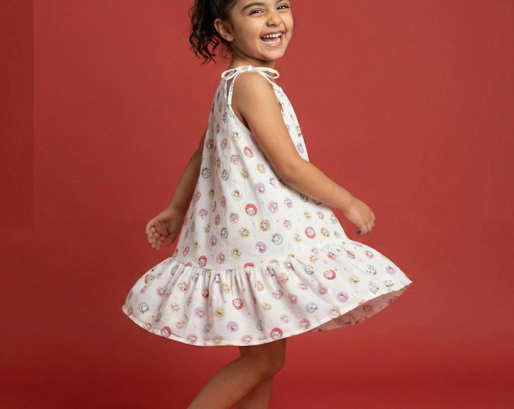 Girls' Premium Graphic Print A-Line Dress – Comfortable Cotton Sleeveless Summer Frock