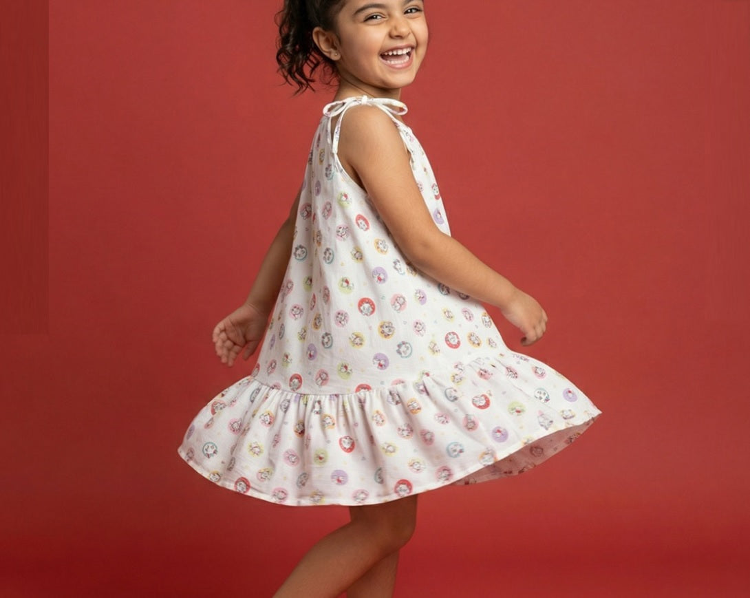 Girls' Premium Graphic Print A-Line Dress – Comfortable Cotton Sleeveless Summer Frock