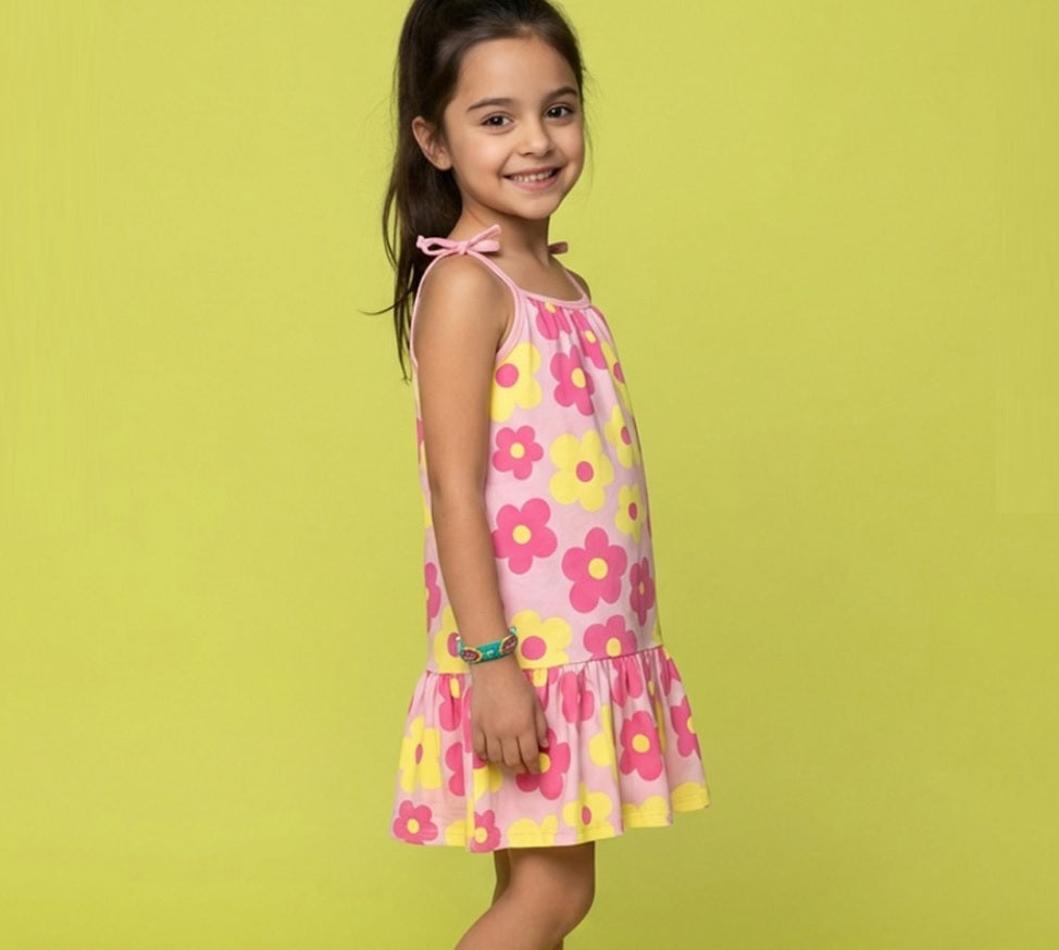 Girls' Premium Graphic Print A-Line Dress – Comfortable Cotton Sleeveless Summer Frock