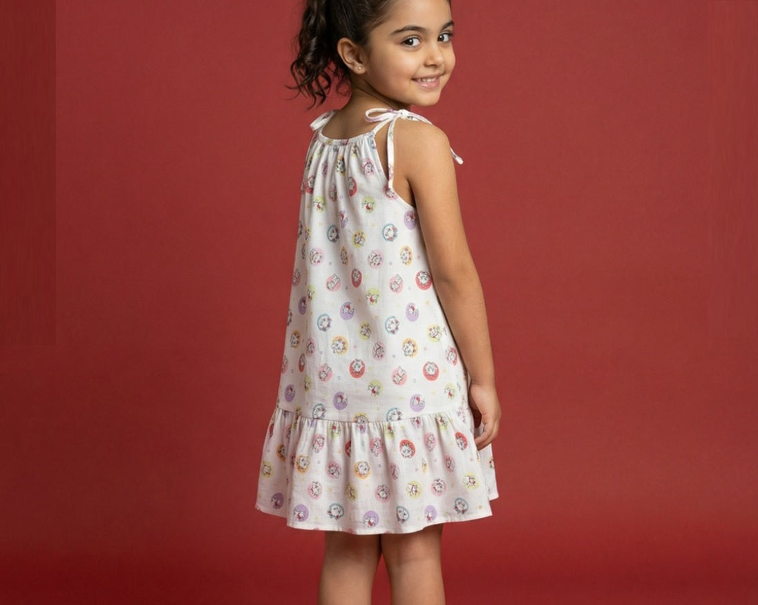 Girls' Premium Graphic Print A-Line Dress – Comfortable Cotton Sleeveless Summer Frock