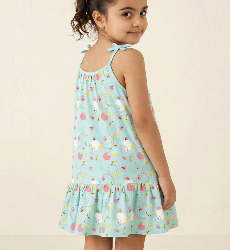 Girls' Premium Graphic Print A-Line Dress – Comfortable Cotton Sleeveless Summer Frock