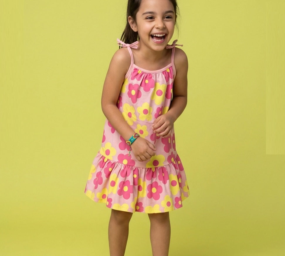 Girls' Premium Graphic Print A-Line Dress – Comfortable Cotton Sleeveless Summer Frock