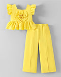 Hopscotch Girls' Premium Sunshine Yellow Peplum Top & Wide-Leg Pants Set – 3D Flower Accord Co-ord Outfit