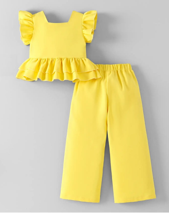 Hopscotch Girls' Premium Sunshine Yellow Peplum Top & Wide-Leg Pants Set – 3D Flower Accord Co-ord Outfit