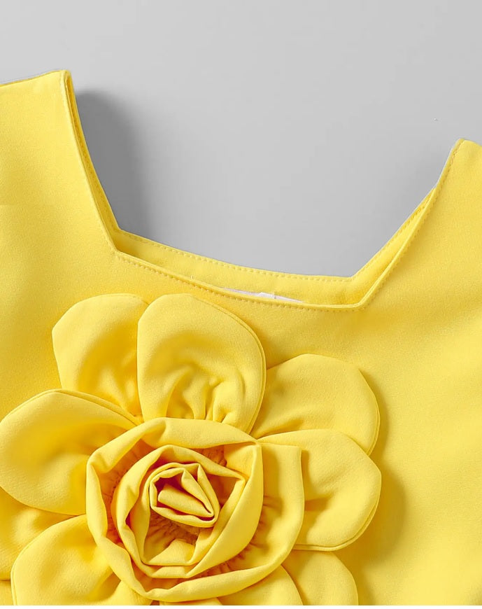 Hopscotch Girls' Premium Sunshine Yellow Peplum Top & Wide-Leg Pants Set – 3D Flower Accord Co-ord Outfit