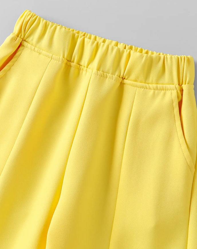 Hopscotch Girls' Premium Sunshine Yellow Peplum Top & Wide-Leg Pants Set – 3D Flower Accord Co-ord Outfit