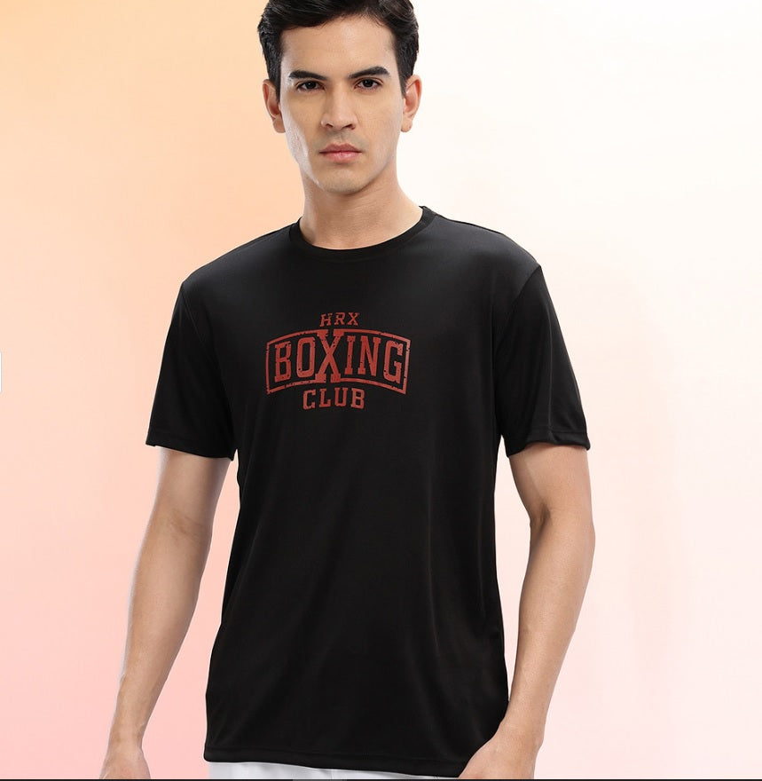 HRX by Hrithik Roshan Men's Black Rapid-Dry Training T-Shirt – Boxing Club Typography Print Gym Tee