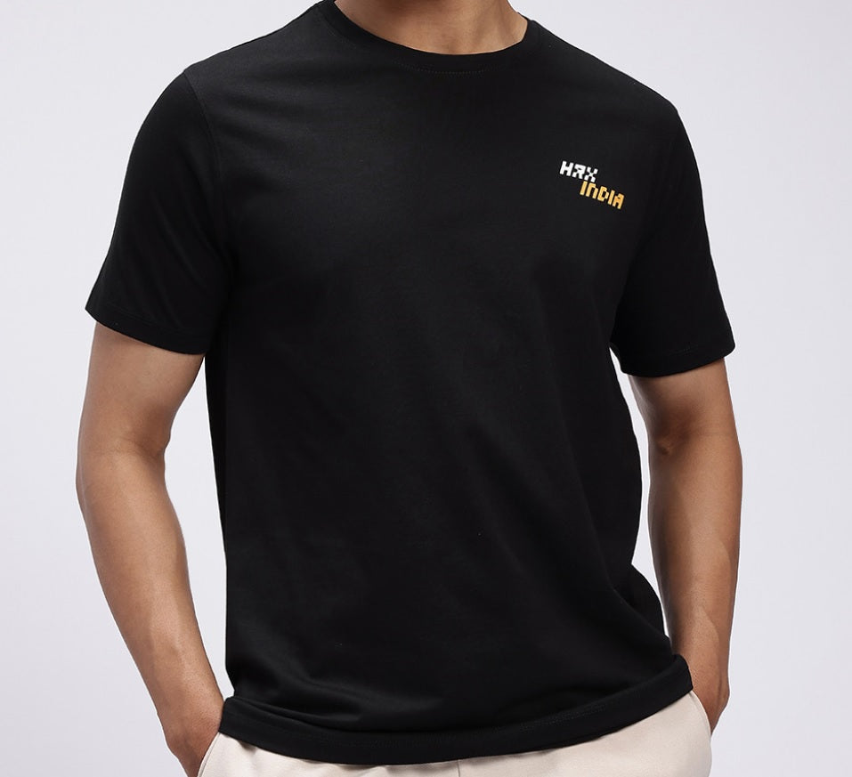 HRX by Hrithik Roshan Men's Black & Yellow Graphic Printed Cotton T-Shirt – Made In India Back-Print Casual Tee
