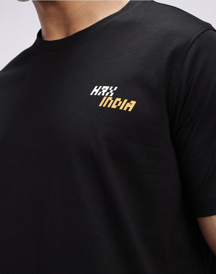HRX by Hrithik Roshan Men's Black & Yellow Graphic Printed Cotton T-Shirt – Made In India Back-Print Casual Tee