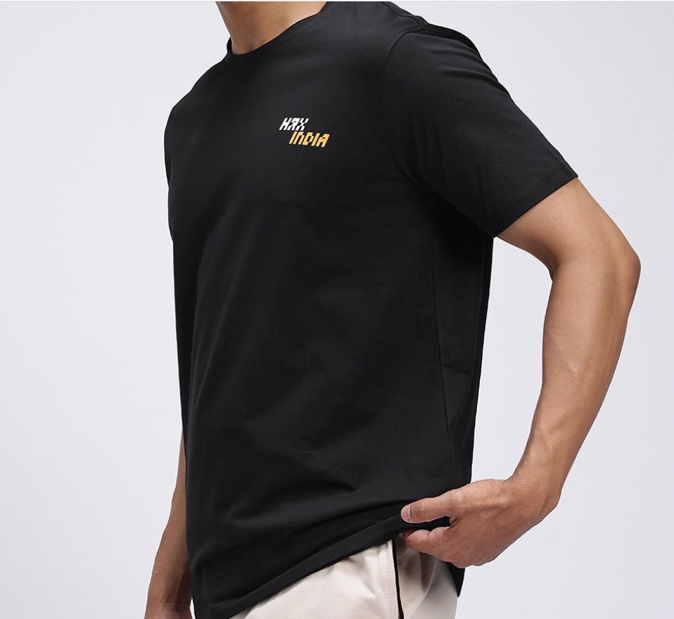 HRX by Hrithik Roshan Men's Black & Yellow Graphic Printed Cotton T-Shirt – Made In India Back-Print Casual Tee
