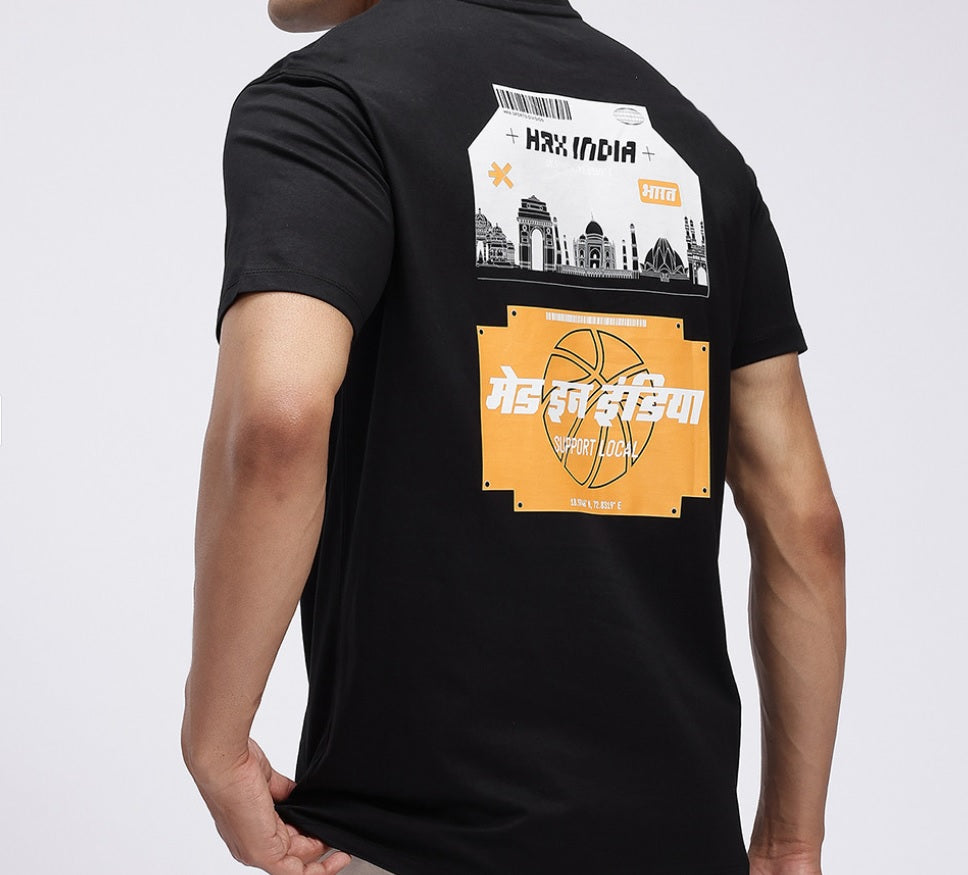 HRX by Hrithik Roshan Men's Black & Yellow Graphic Printed Cotton T-Shirt – Made In India Back-Print Casual Tee