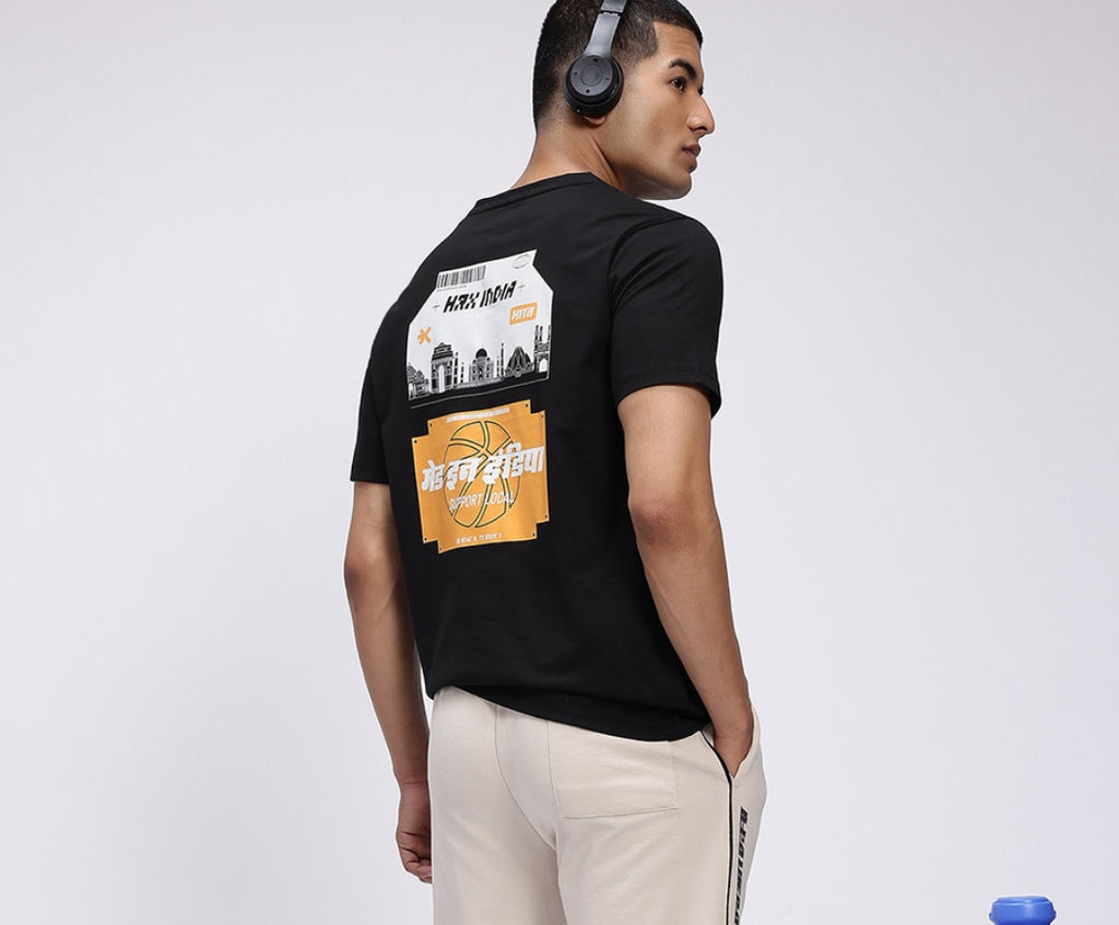 HRX by Hrithik Roshan Men's Black & Yellow Graphic Printed Cotton T-Shirt – Made In India Back-Print Casual Tee
