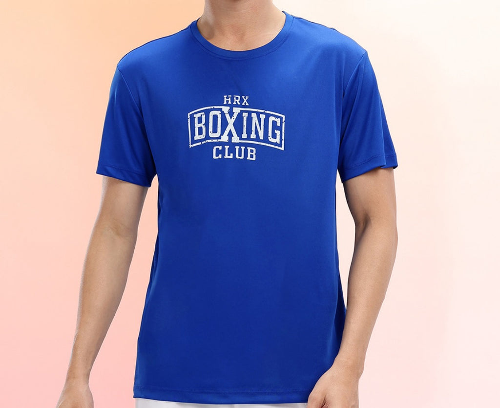 HRX by Hrithik Roshan Men's Blue Rapid-Dry Training T-Shirt – Boxing Club Typography Print Gym Tee