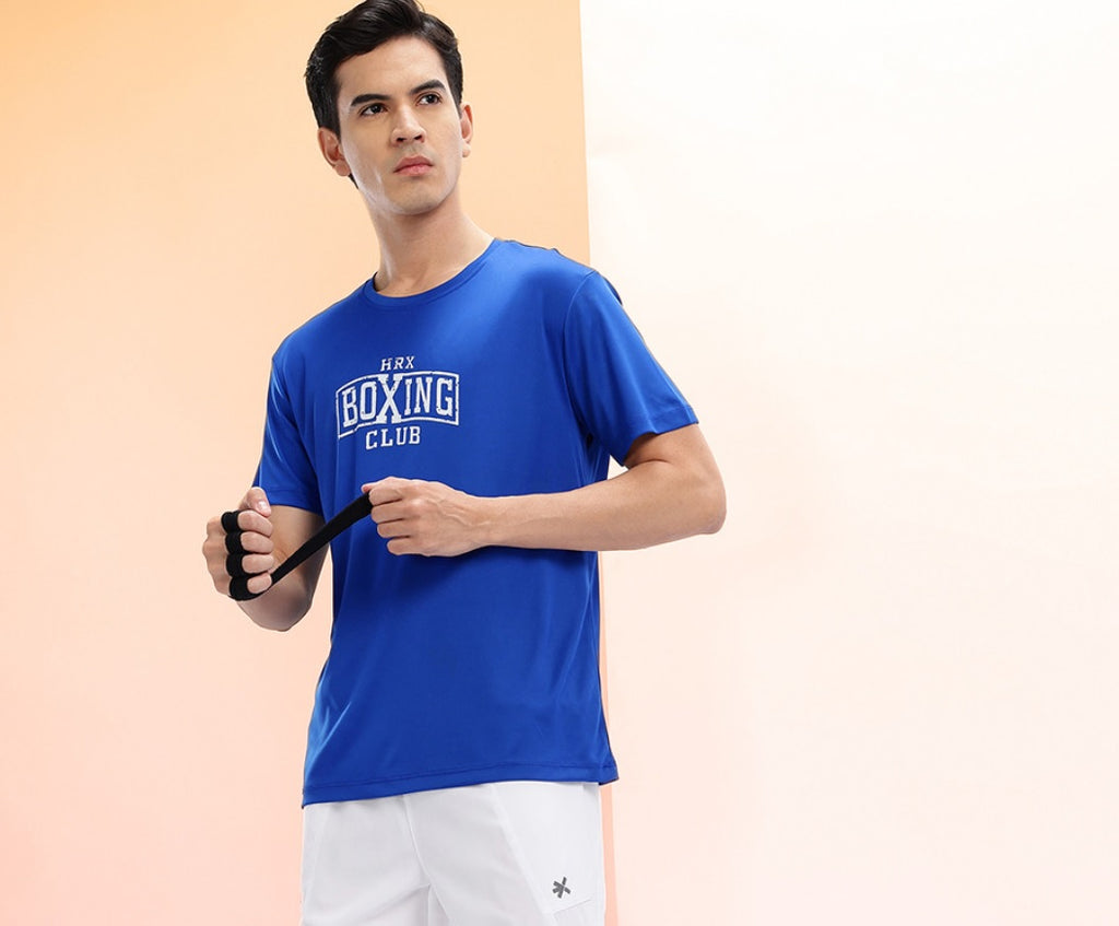 HRX by Hrithik Roshan Men's Blue Rapid-Dry Training T-Shirt – Boxing Club Typography Print Gym Tee